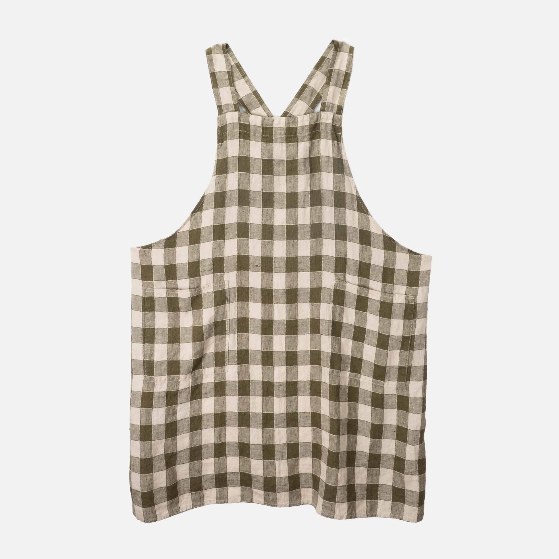 French Linen Apron in Olive Green/ Cream Gingham