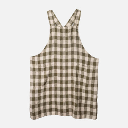 French Linen Apron in Olive Green/ Cream Gingham