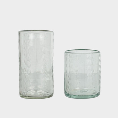 Leaf Etched Drinking Glasses in Blown Recycled Glass