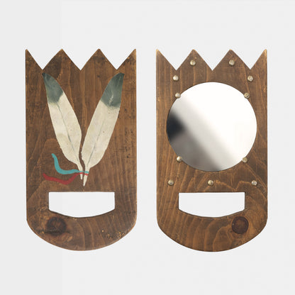 Vintage Folk Art Hand Mirror with Feather Motif