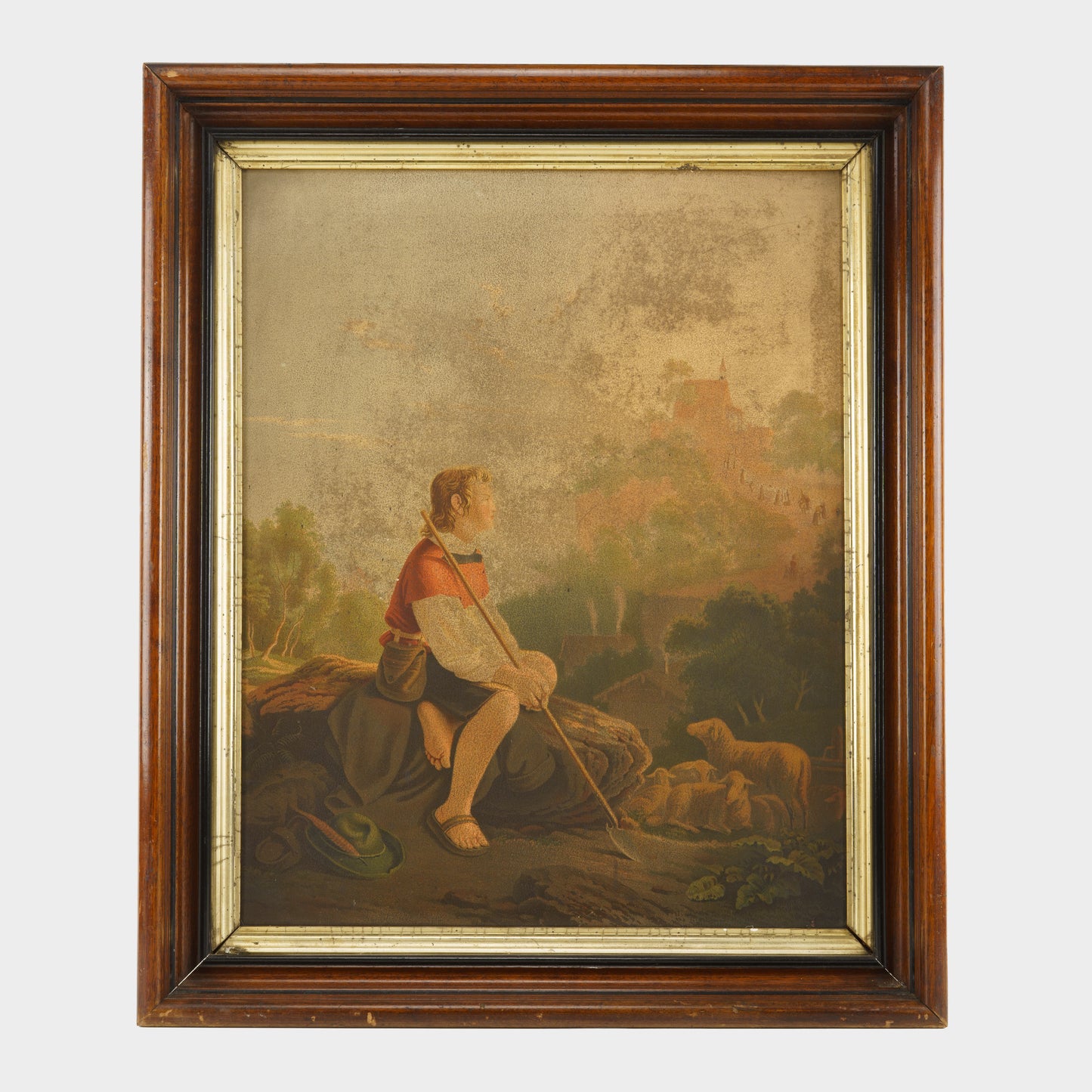 Antique Chromolithograph of Shepherd and Flock, Germany. 1800's