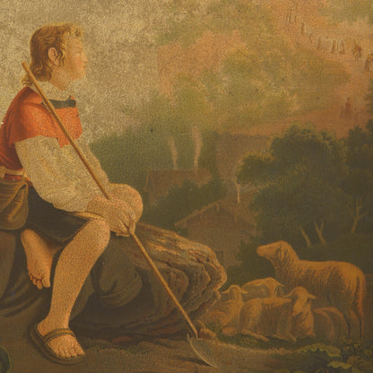 Antique Chromolithograph of Shepherd and Flock, Germany. 1800's